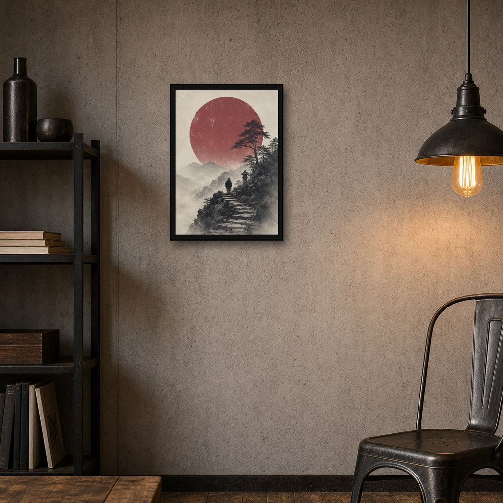 Mountain Path Red Sun Poster, Japanese Landscape Wall Art, Travel Print - A room mockup