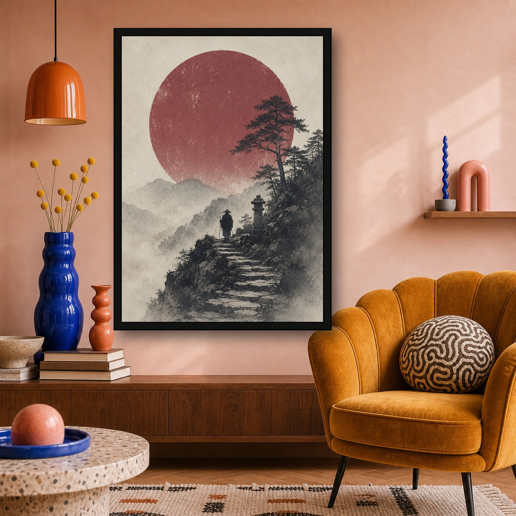 Mountain Path Red Sun Poster, Japanese Landscape Wall Art, Travel Print - A room mockup