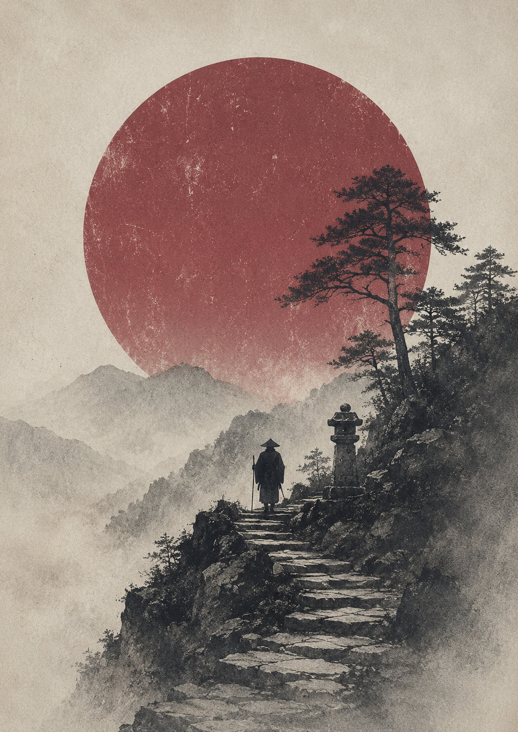 Mountain Path Red Sun Poster, Japanese Landscape Wall Art, Travel Print - full A artwork