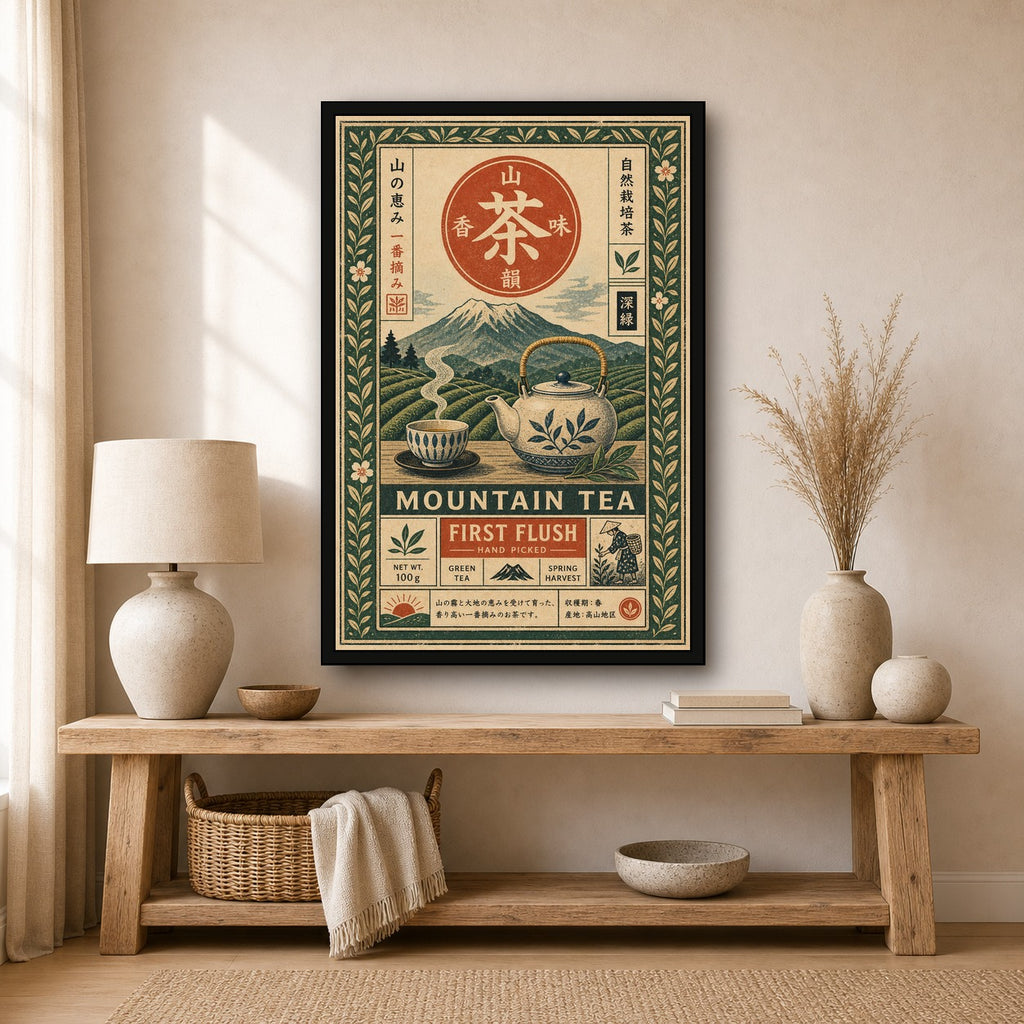 Mountain Tea First Flush Japanese Retro Poster Print - 2x3 room mockup