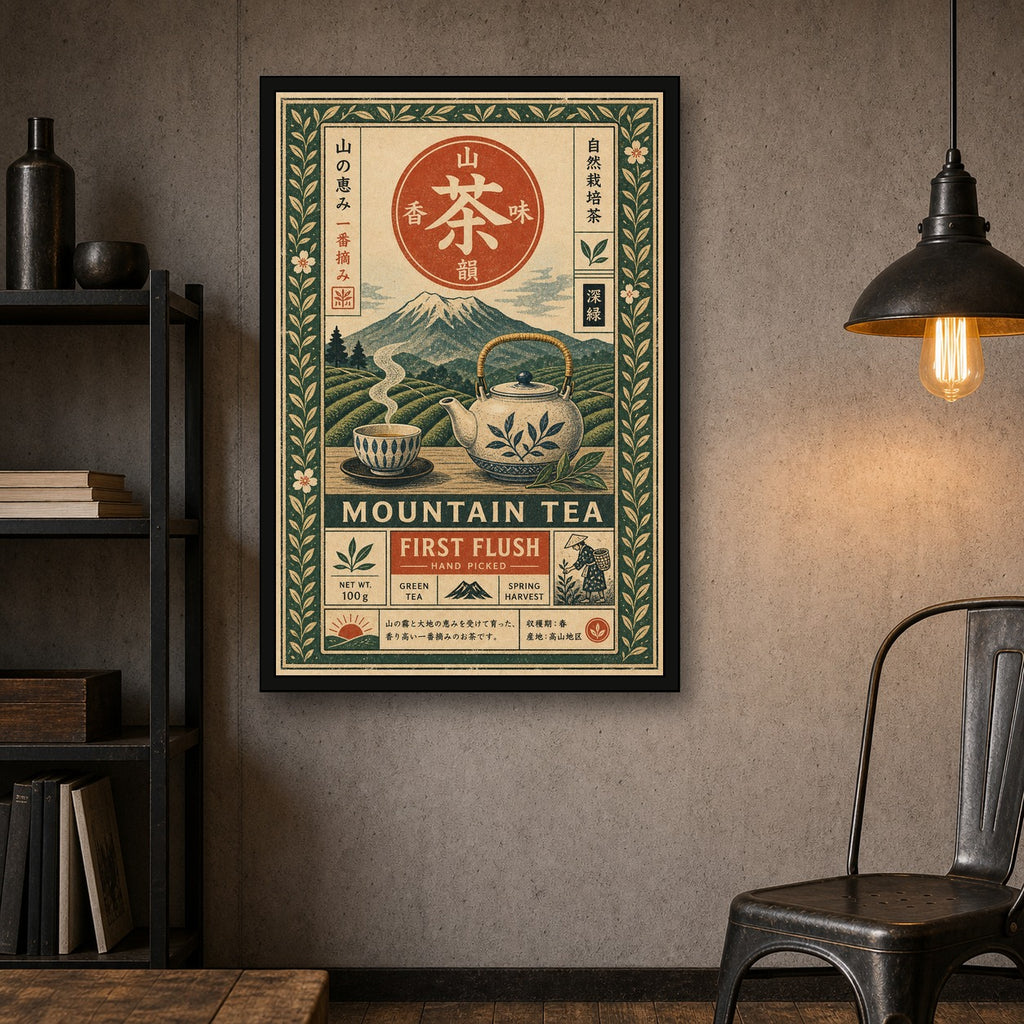 Mountain Tea First Flush Japanese Retro Poster Print - 2x3 room mockup