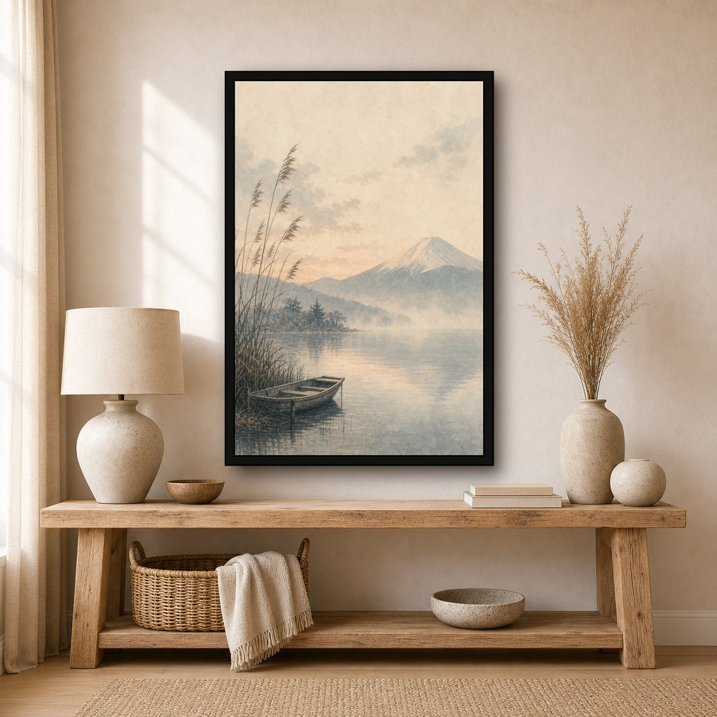 Mutedfujilake 01 Left Japanese Retro Poster Print - 2x3 room mockup