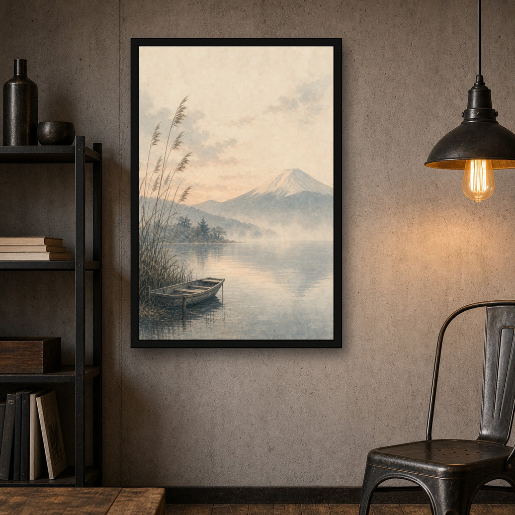 Mutedfujilake 01 Left Japanese Retro Poster Print - 2x3 room mockup