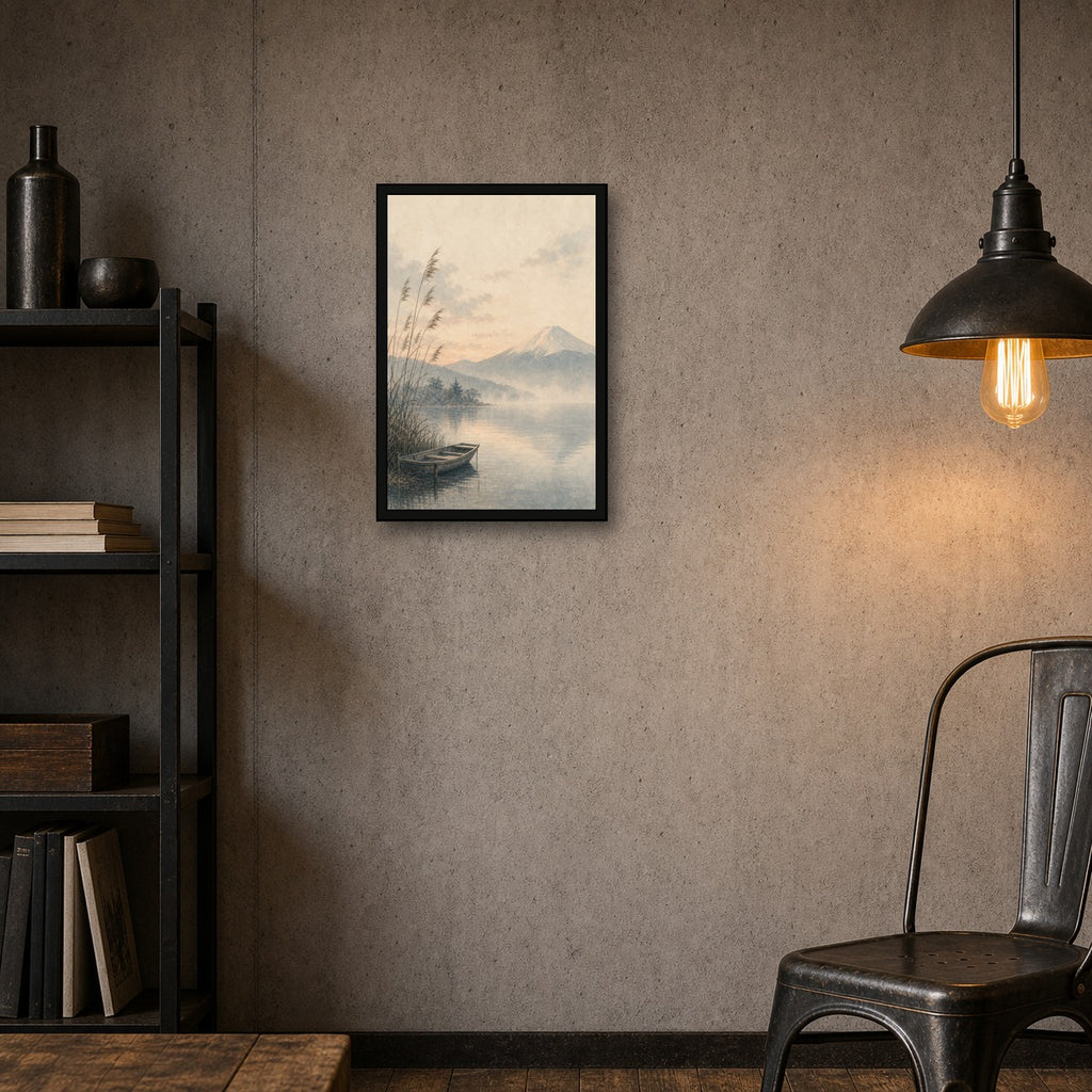 Mutedfujilake 01 Left Japanese Retro Poster Print - 2x3 room mockup