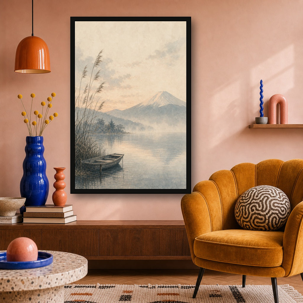 Mutedfujilake 01 Left Japanese Retro Poster Print - 2x3 room mockup