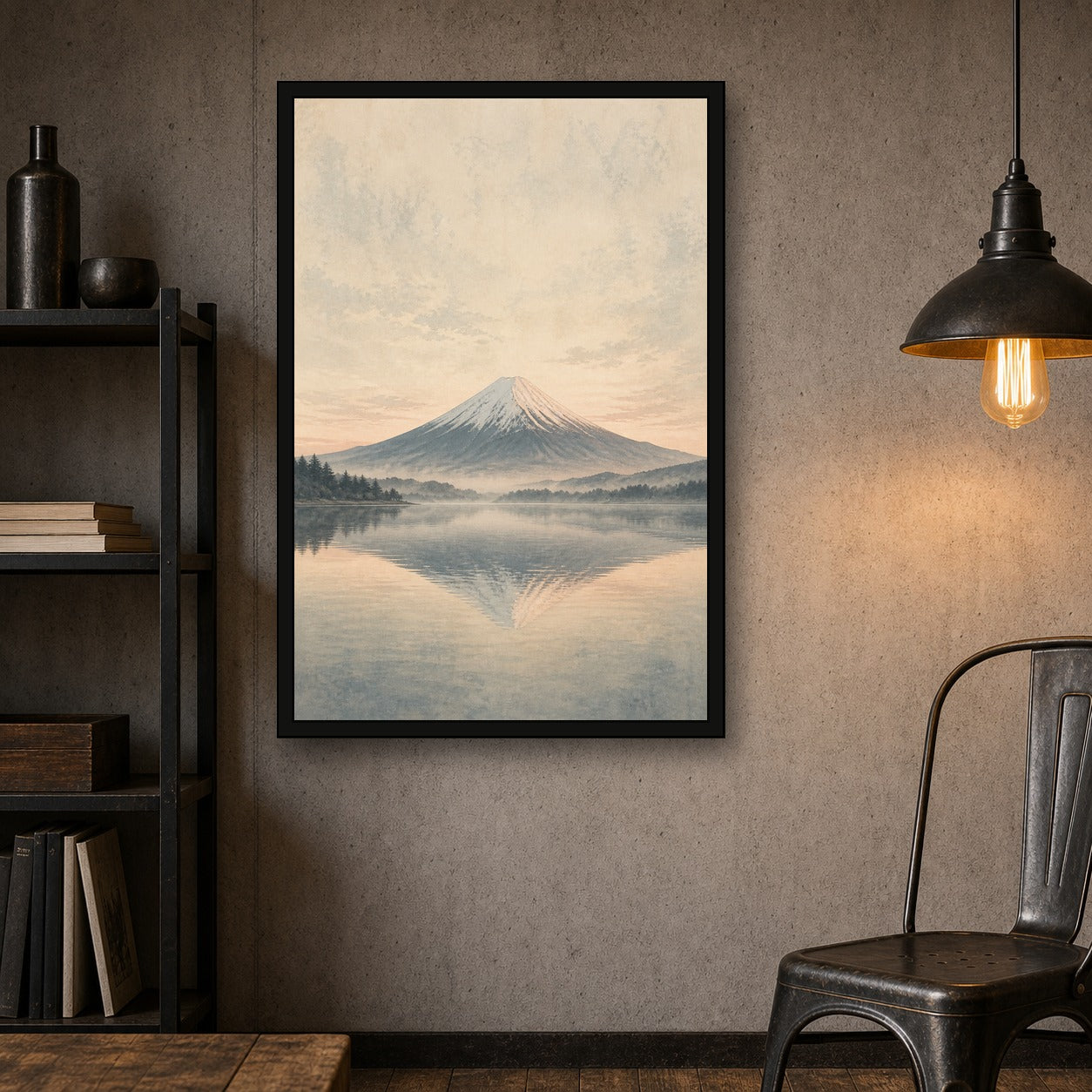 Mutedfujilake 02 Center Japanese Retro Poster Print - 2x3 room mockup