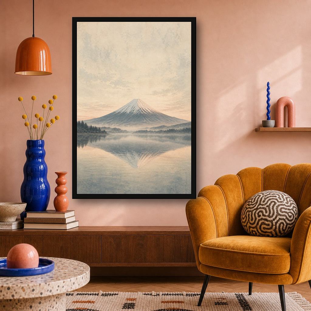 Mutedfujilake 02 Center Japanese Retro Poster Print - 2x3 room mockup