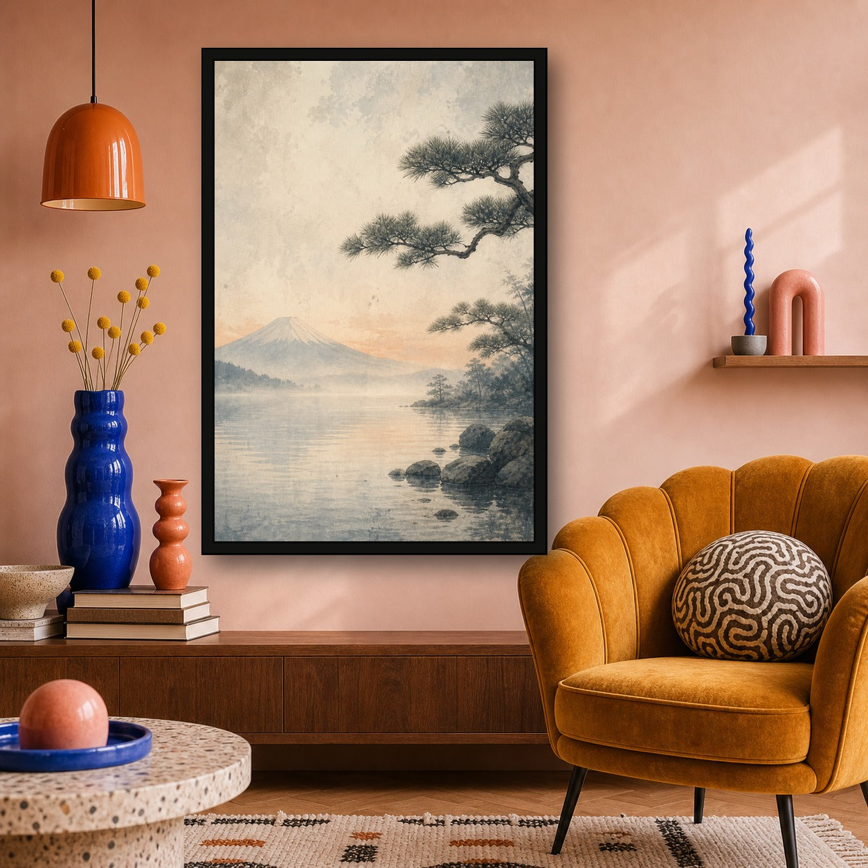 Mutedfujilake 03 Right Japanese Retro Poster Print - 2x3 room mockup