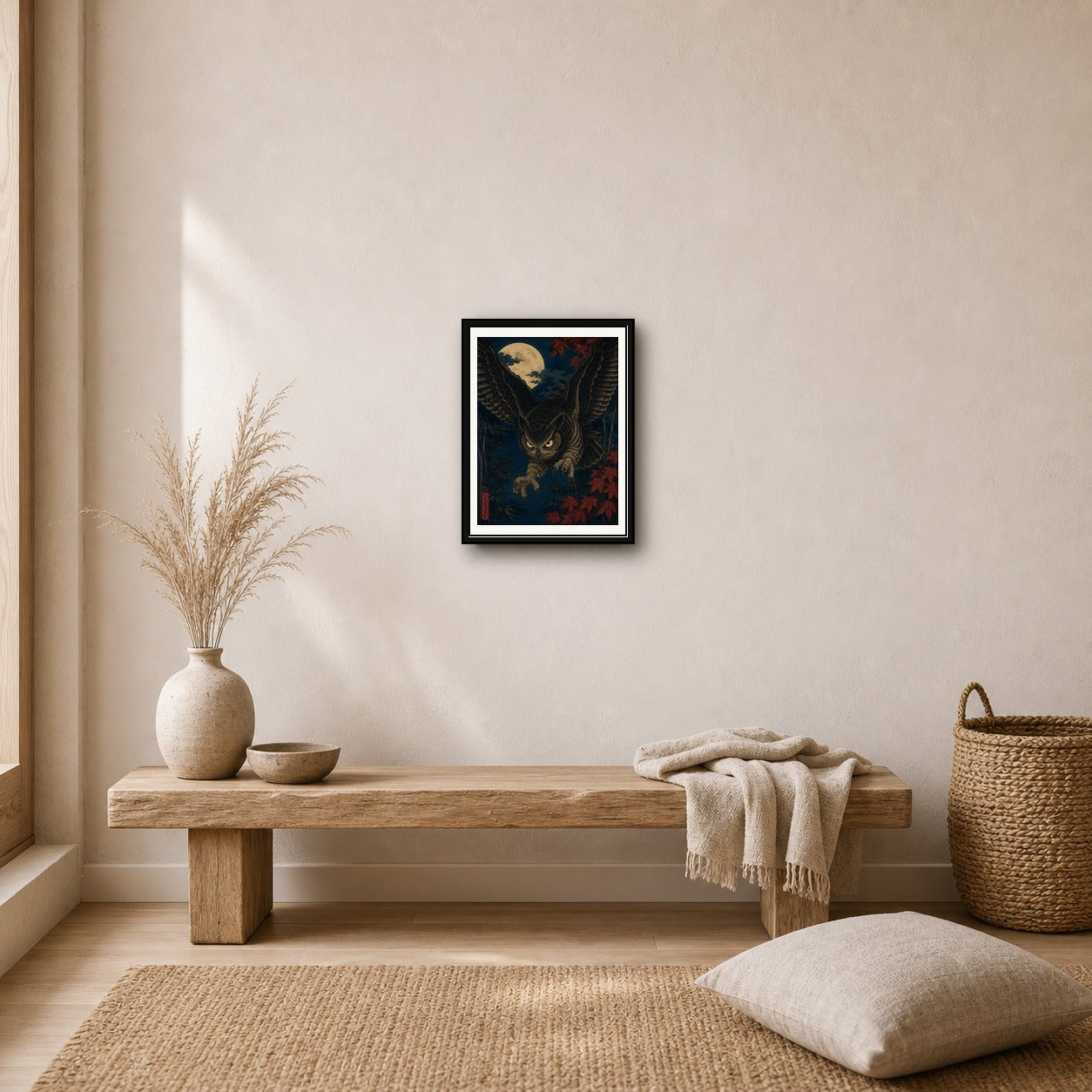 Mystic Owl Ukiyo-e Poster, Japanese Wall Art, Dark Academia Print - Choose Your Size - corrected 3x4 room mockup