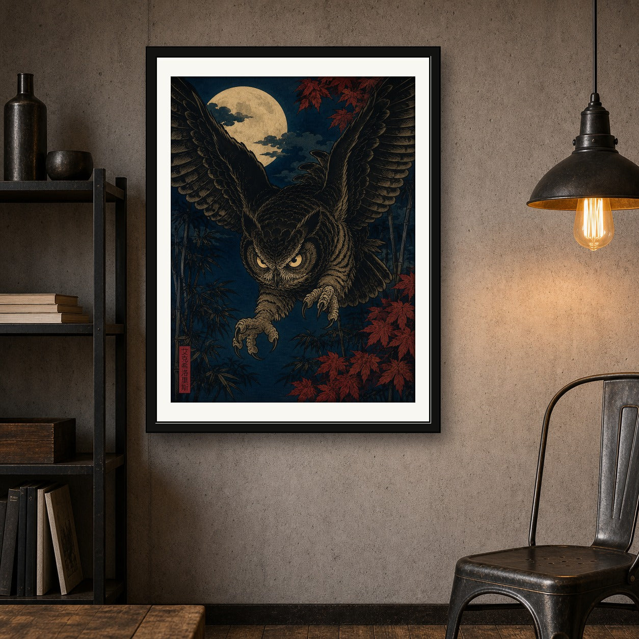 Mystic Owl Ukiyo-e Poster, Japanese Wall Art, Dark Academia Print - Choose Your Size - corrected 3x4 room mockup