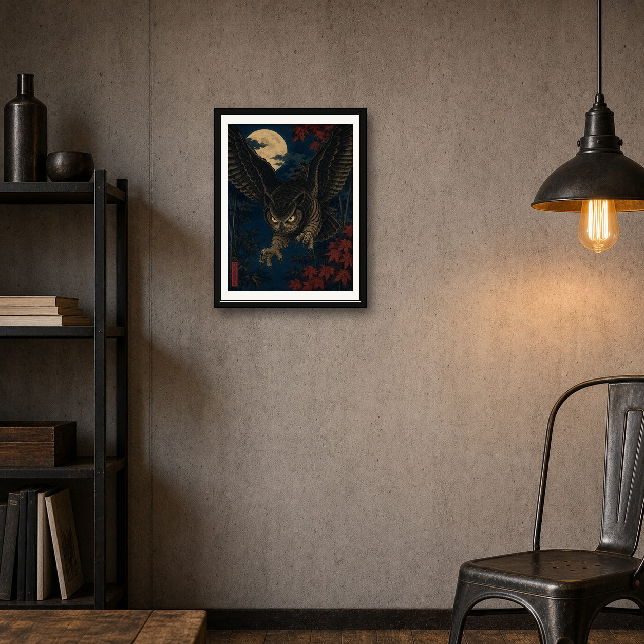 Mystic Owl Ukiyo-e Poster, Japanese Wall Art, Dark Academia Print - Choose Your Size - corrected 3x4 room mockup