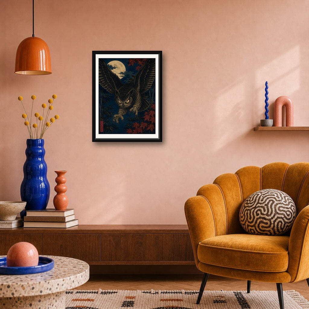 Mystic Owl Ukiyo-e Poster, Japanese Wall Art, Dark Academia Print - Choose Your Size - corrected 3x4 room mockup