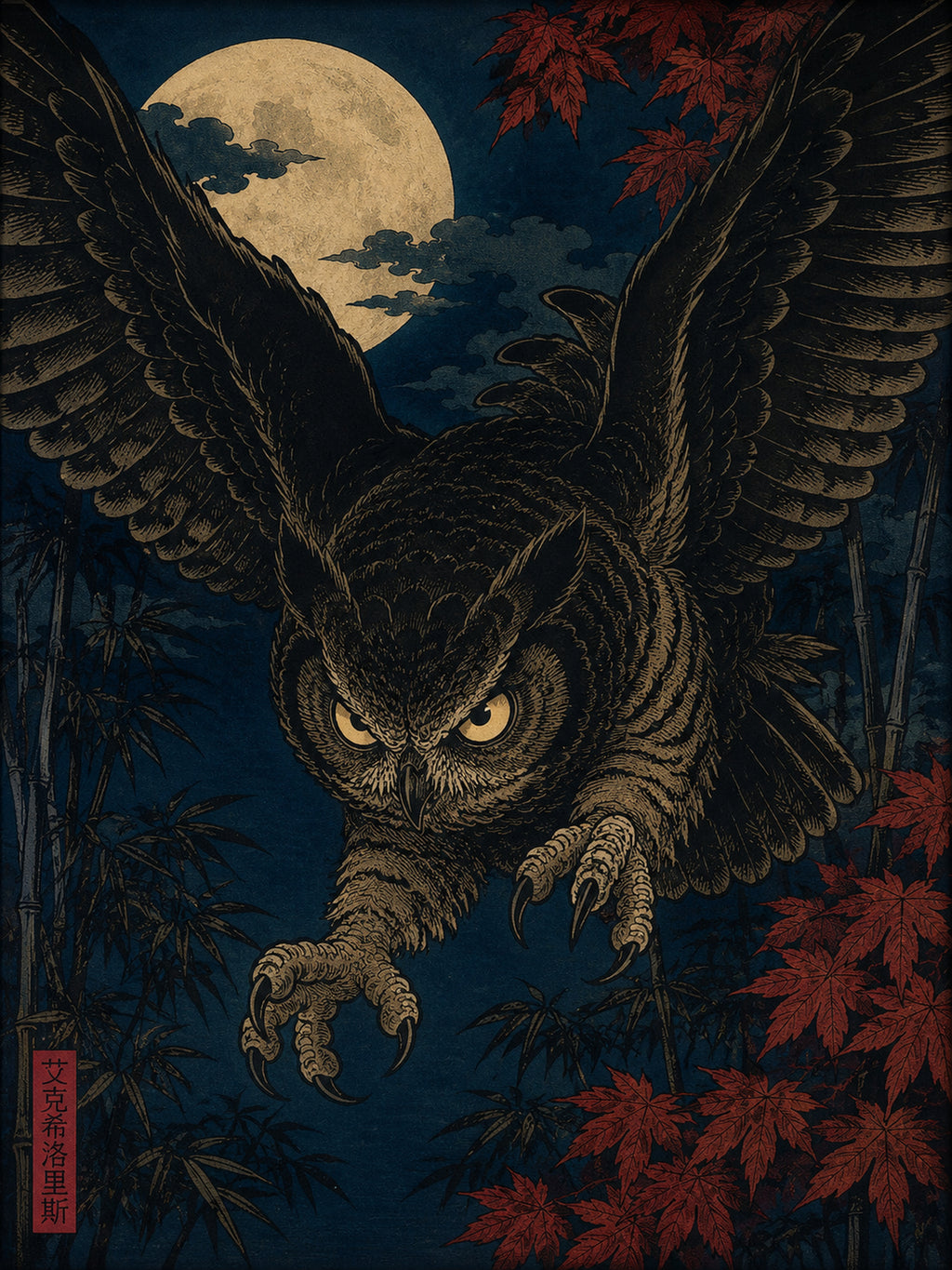 Mystic Owl Ukiyo-e Poster, Japanese Wall Art, Dark Academia Print - Choose Your Size - corrected 3x4 flat artwork