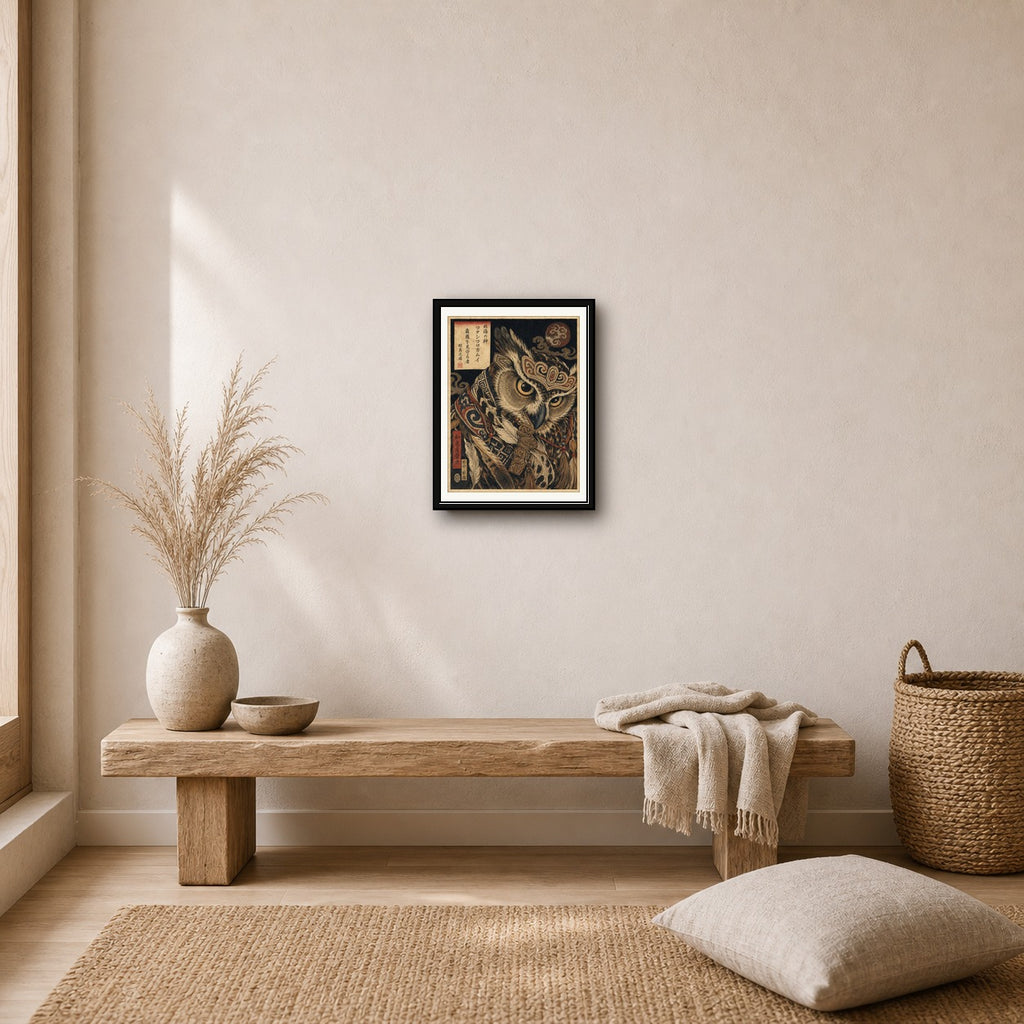 Mystical Owl Guardian Poster, Japanese Art Print for Zen Decor, in your choice of six sizes - corrected 3x4 room mockup