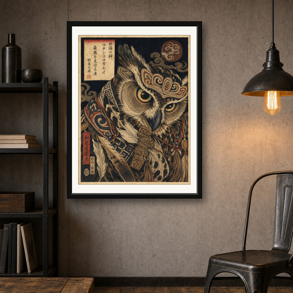 Mystical Owl Guardian Poster, Japanese Art Print for Zen Decor, in your choice of six sizes - corrected 3x4 room mockup