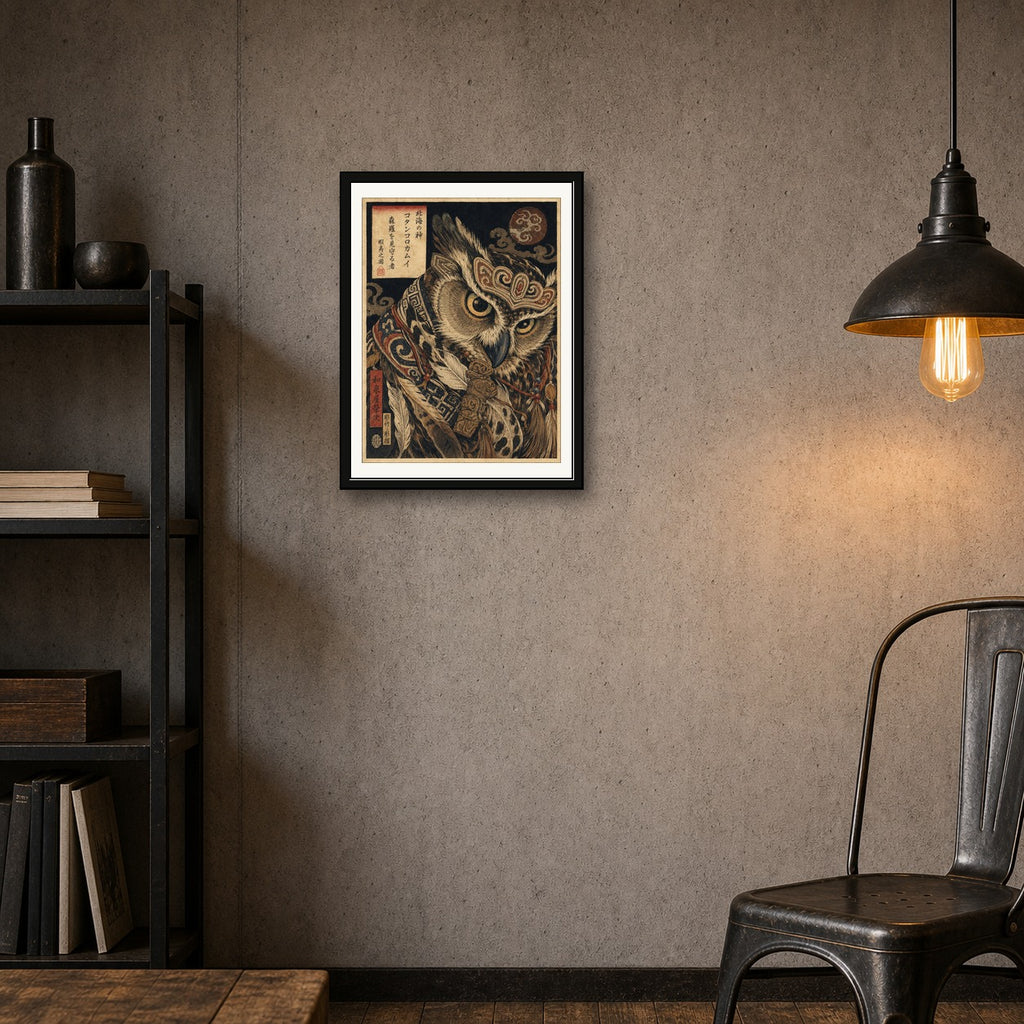 Mystical Owl Guardian Poster, Japanese Art Print for Zen Decor, in your choice of six sizes - corrected 3x4 room mockup
