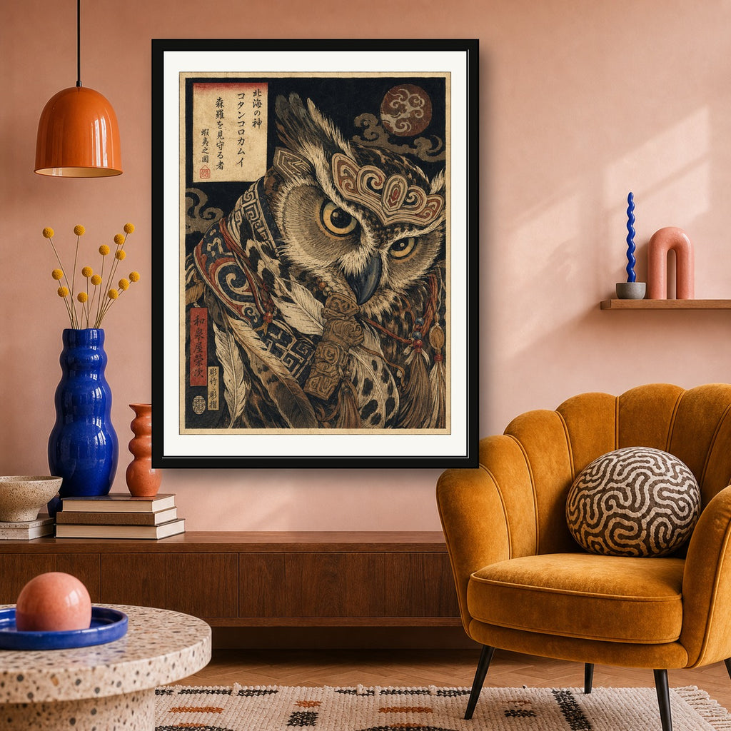 Mystical Owl Guardian Poster, Japanese Art Print for Zen Decor, in your choice of six sizes - corrected 3x4 room mockup