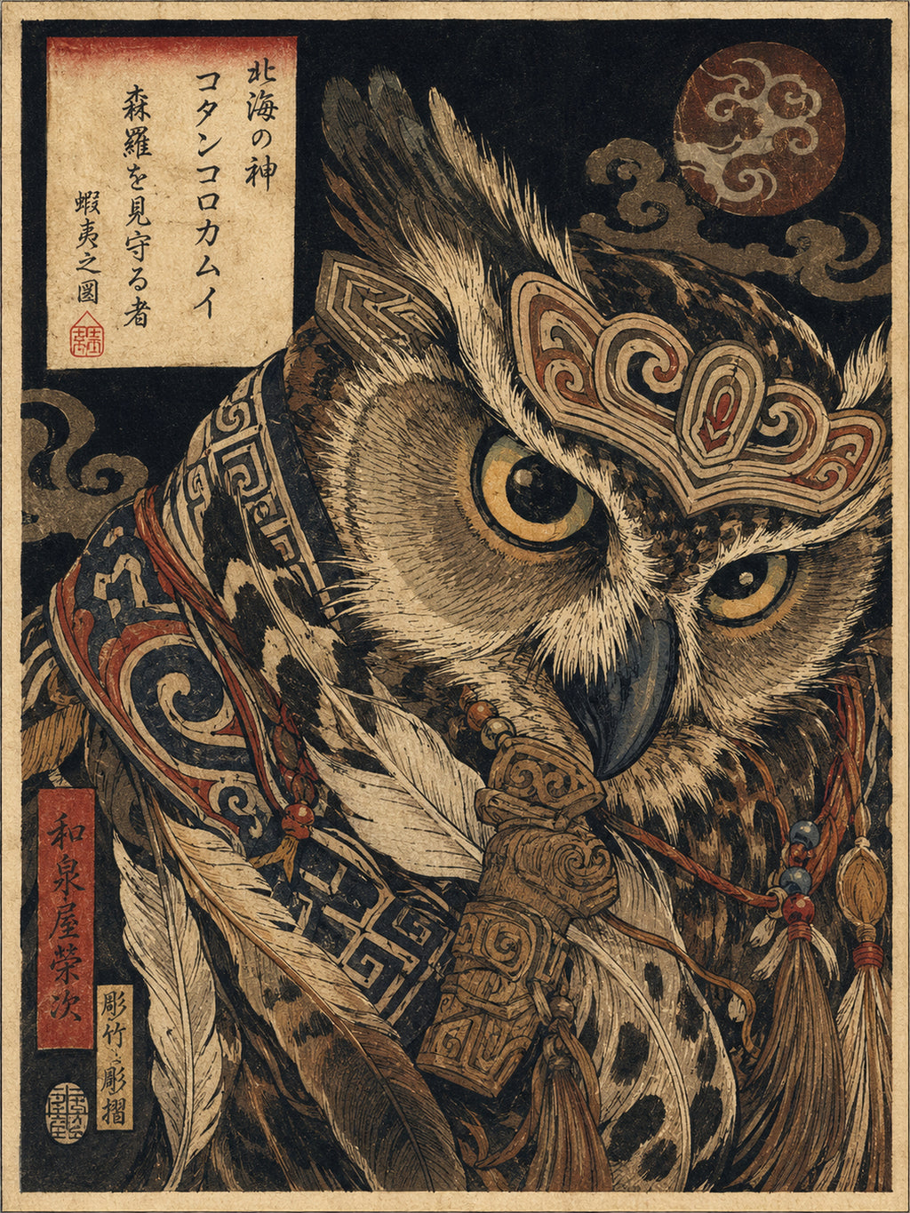 Mystical Owl Guardian Poster, Japanese Art Print for Zen Decor, in your choice of six sizes - corrected 3x4 flat artwork