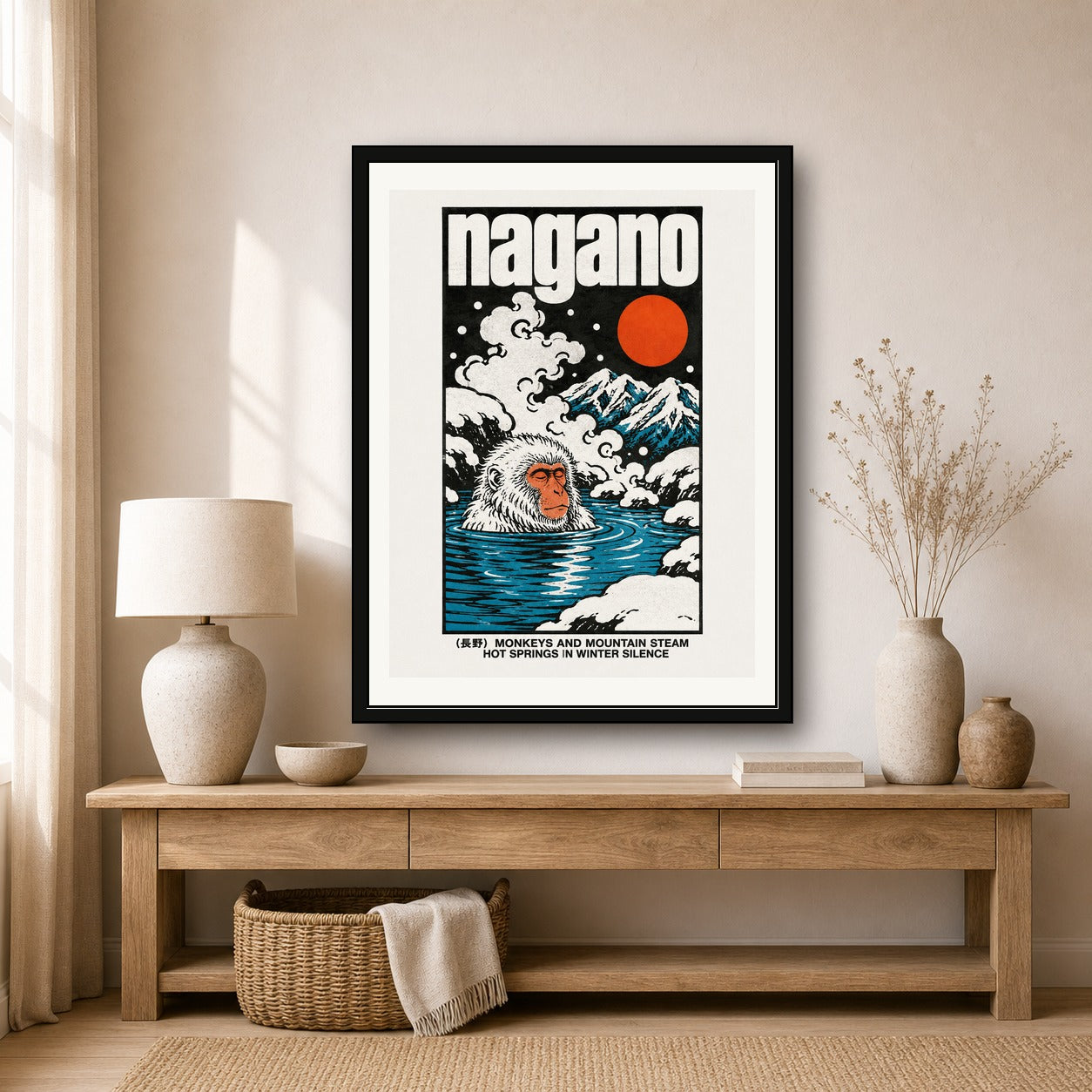 Nagano Hot Springs Poster, Japanese Snow Monkey Wall Art, Vintage Travel Print - corrected 3x4 room mockup