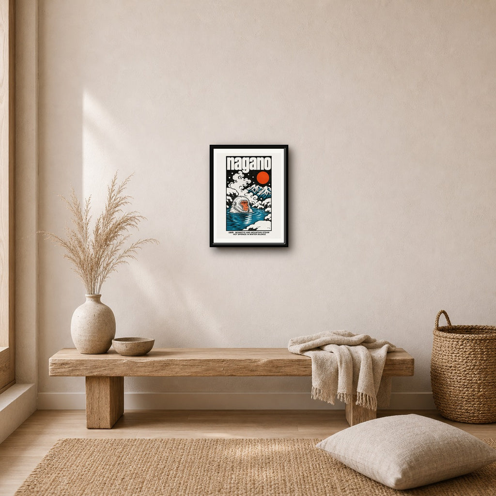 Nagano Hot Springs Poster, Japanese Snow Monkey Wall Art, Vintage Travel Print - corrected 3x4 room mockup