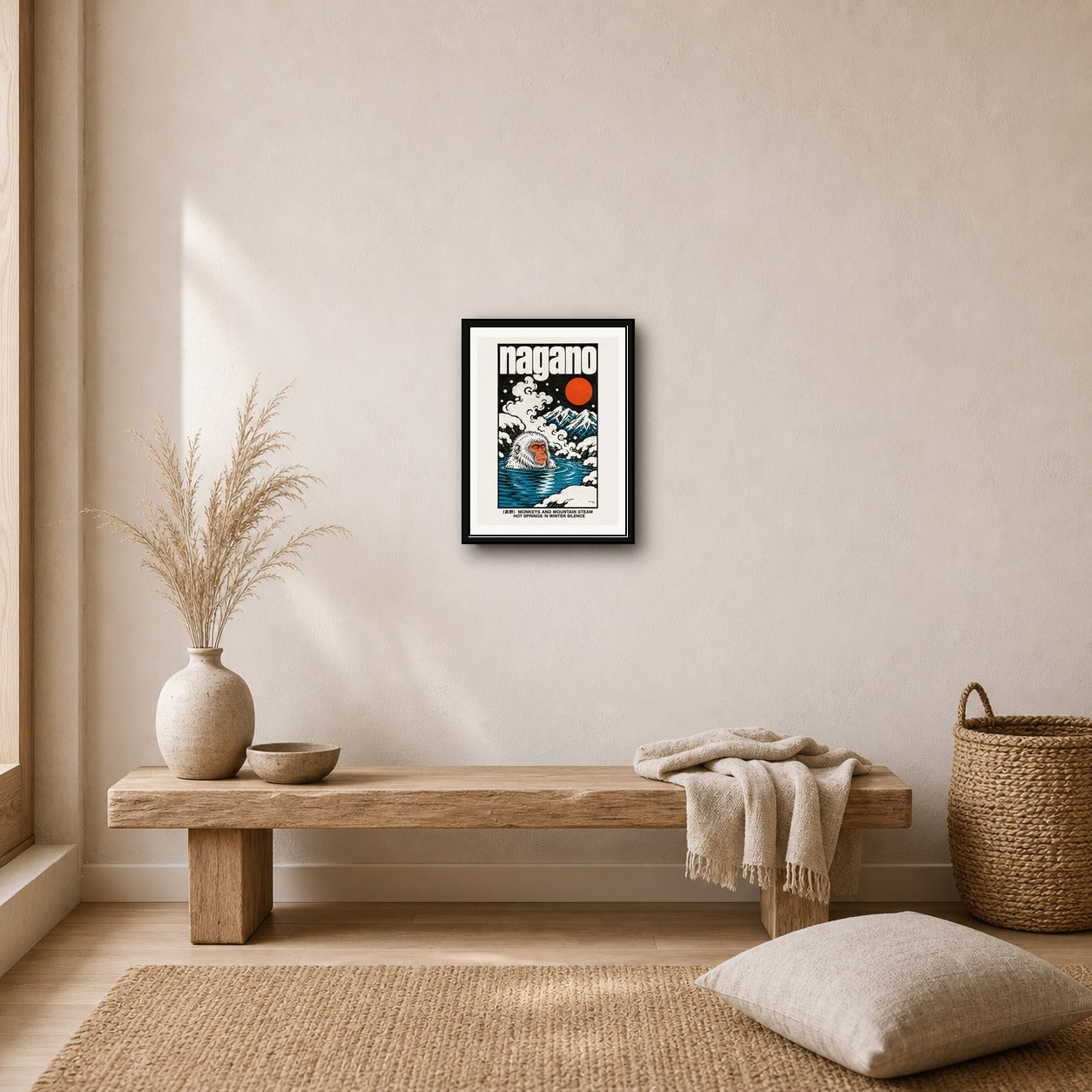 Nagano Hot Springs Poster, Japanese Snow Monkey Wall Art, Vintage Travel Print - corrected 3x4 room mockup
