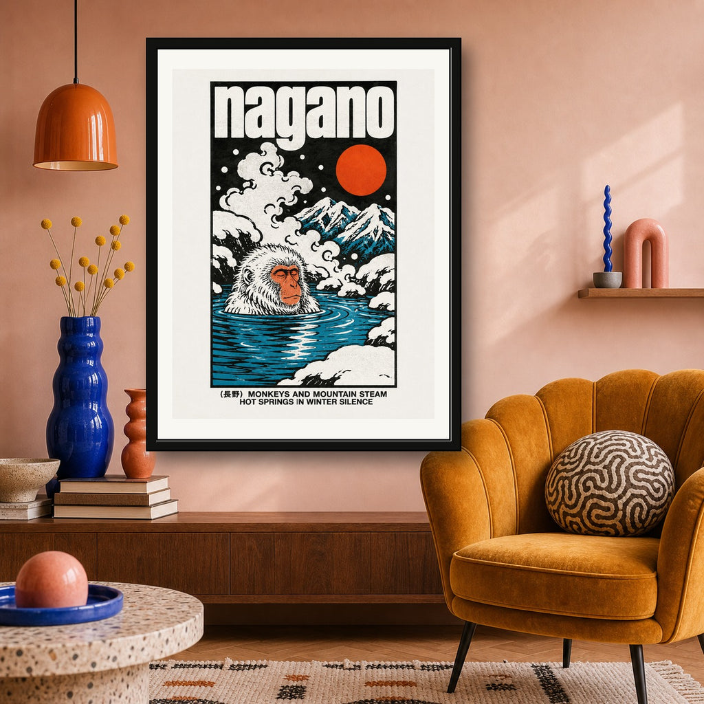 Nagano Hot Springs Poster, Japanese Snow Monkey Wall Art, Vintage Travel Print - corrected 3x4 room mockup
