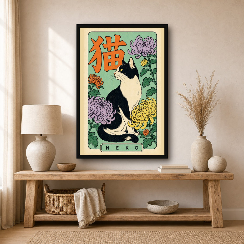 Neko Cat & Chrysanthemum Poster, Retro Japanese Cat Wall Art Print - 2x3 room mockup