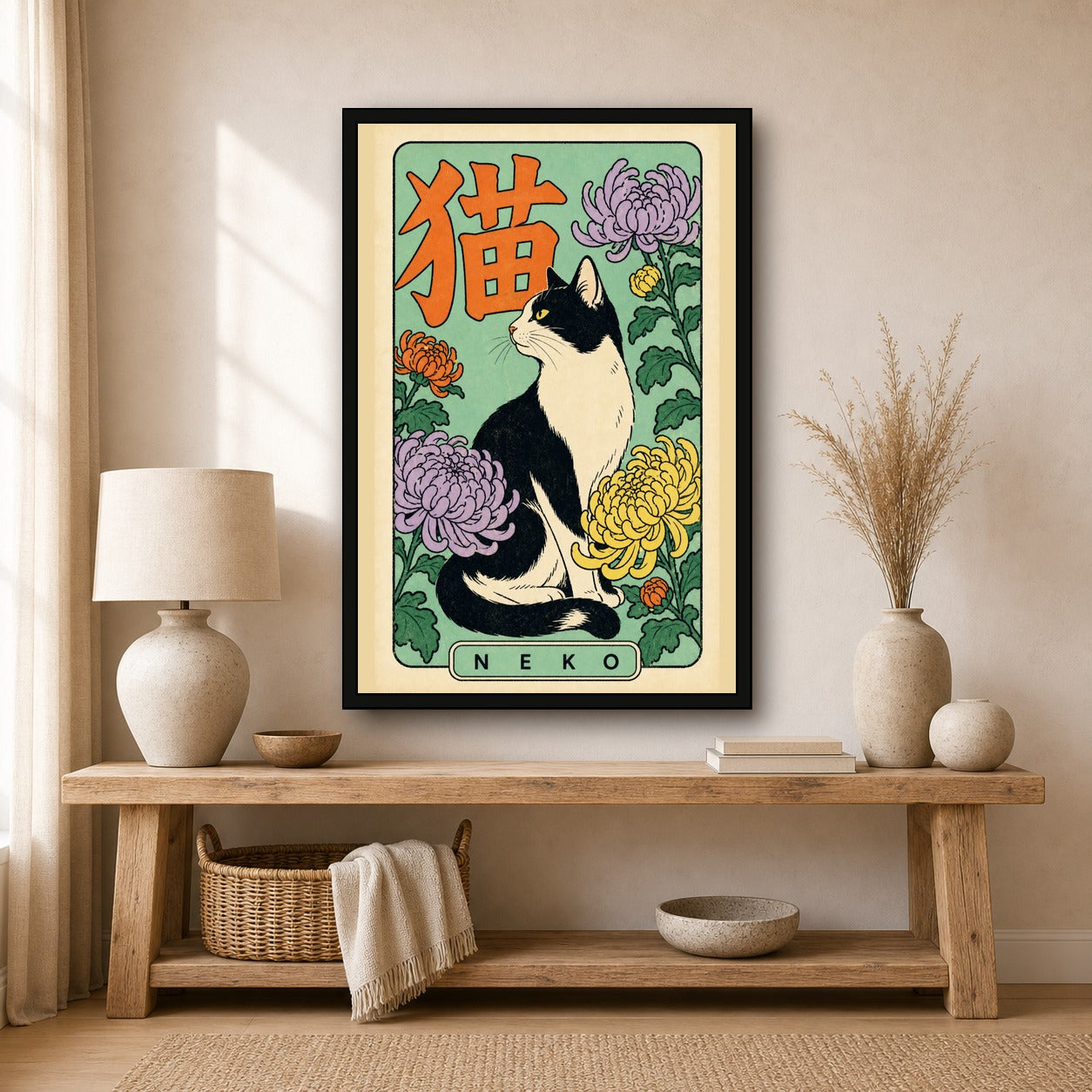 Neko Cat & Chrysanthemum Poster, Retro Japanese Cat Wall Art Print - 2x3 room mockup