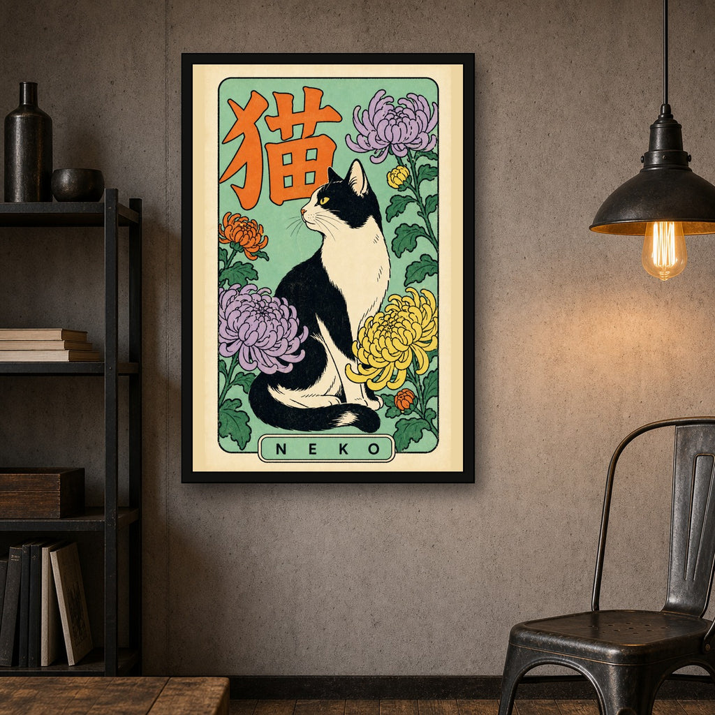 Neko Cat & Chrysanthemum Poster, Retro Japanese Cat Wall Art Print - 2x3 room mockup
