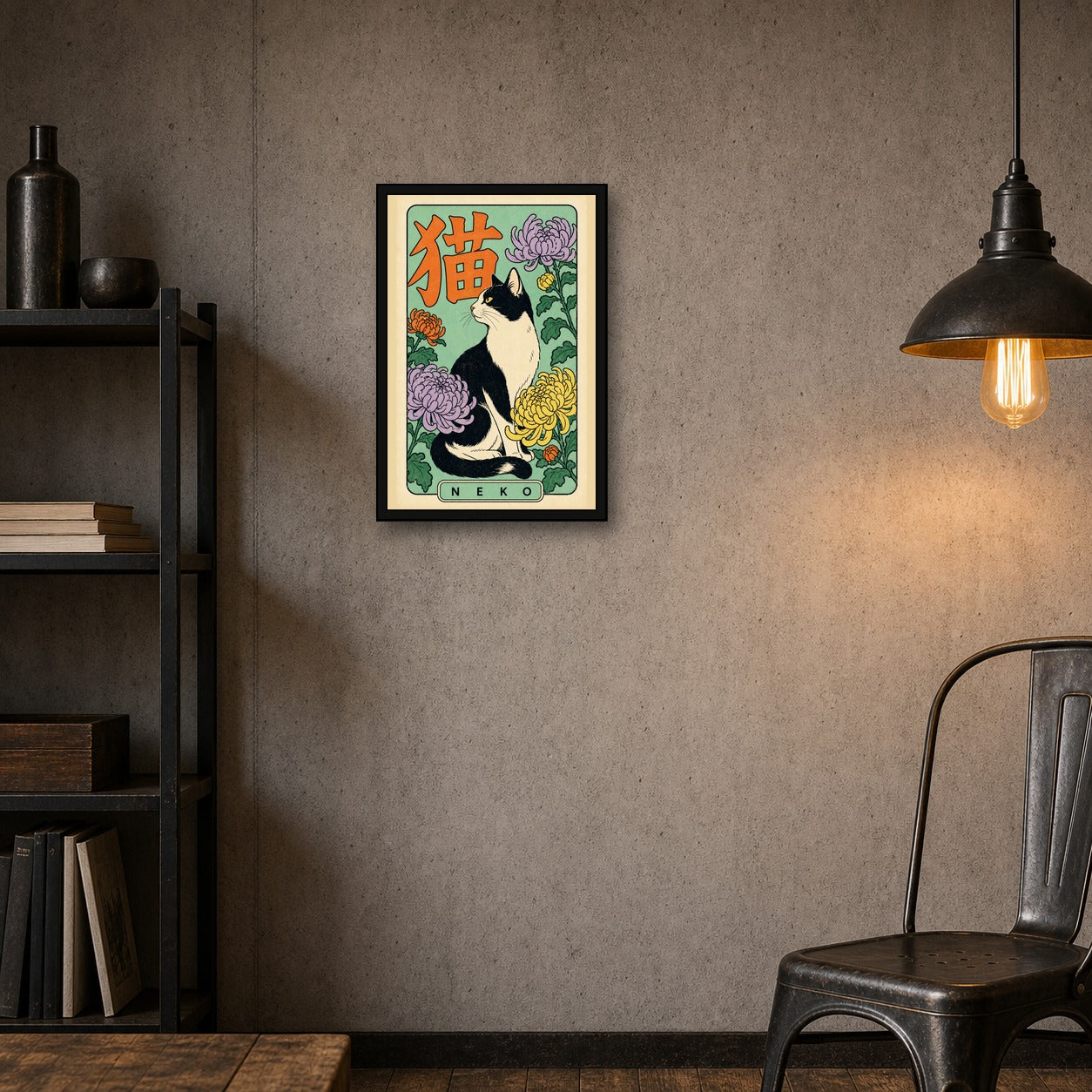 Neko Cat & Chrysanthemum Poster, Retro Japanese Cat Wall Art Print - 2x3 room mockup