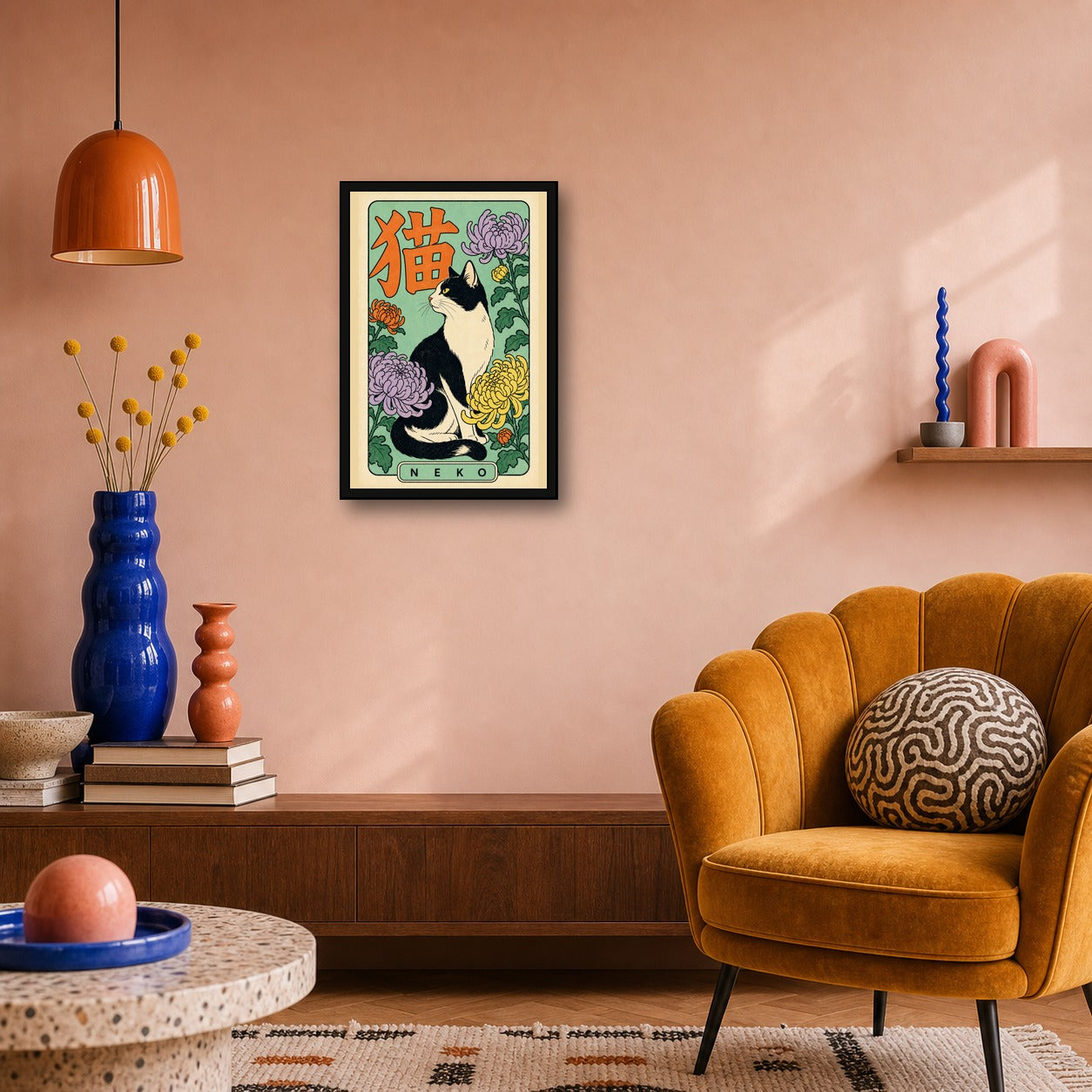 Neko Cat & Chrysanthemum Poster, Retro Japanese Cat Wall Art Print - 2x3 room mockup
