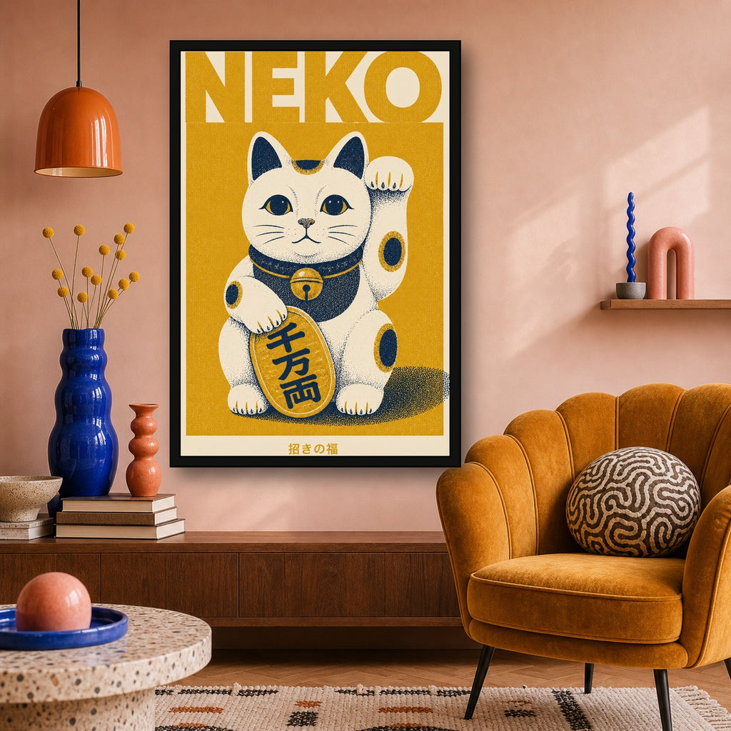 Neko Lucky Cat Poster Japanese Retro Poster Print - 2x3 room mockup