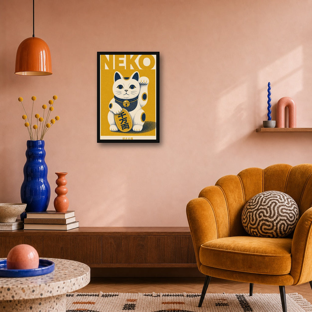 Neko Lucky Cat Poster Japanese Retro Poster Print - 2x3 room mockup