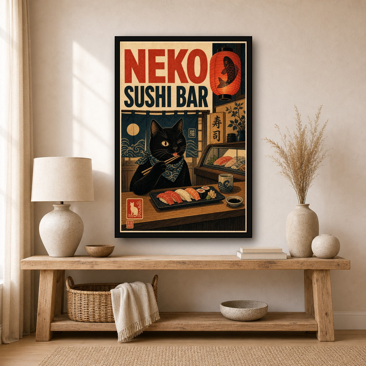 Nekosushibar Japanese Retro Poster Print - 2x3 room mockup