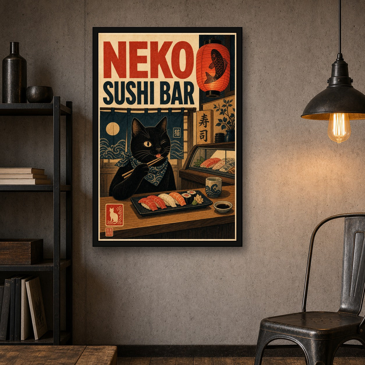 Nekosushibar Japanese Retro Poster Print - 2x3 room mockup