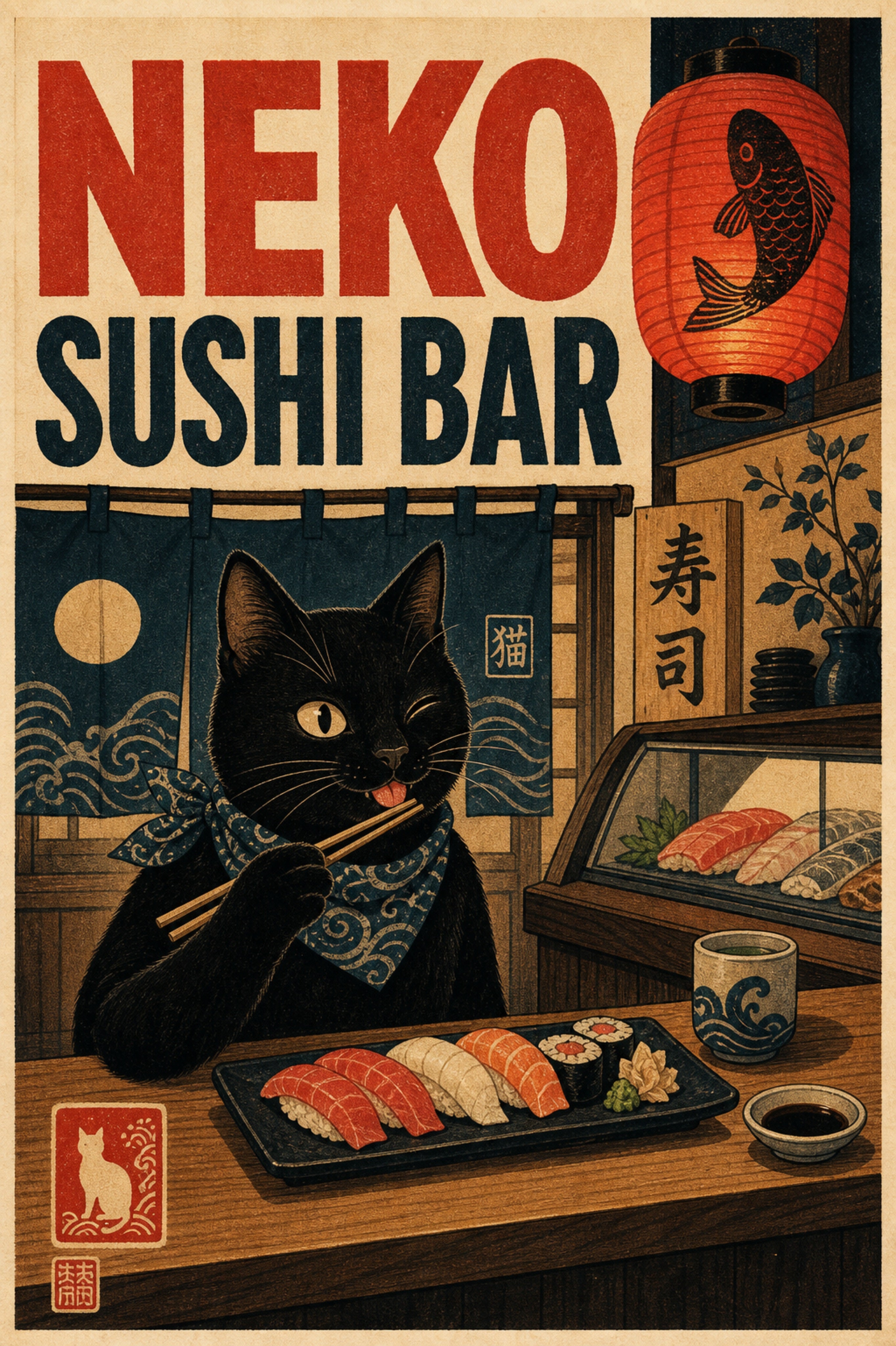 Nekosushibar Japanese Retro Poster Print