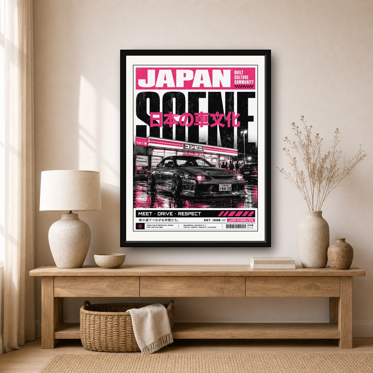 Neon Pink JDM Japan Scene Poster - Urban Japanese Car Culture Wall Art, Street Style Print - corrected 3x4 room mockup