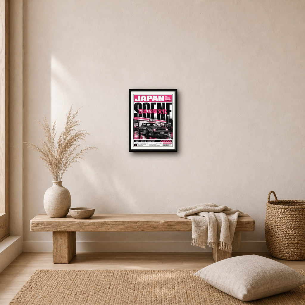 Neon Pink JDM Japan Scene Poster - Urban Japanese Car Culture Wall Art, Street Style Print - corrected 3x4 room mockup