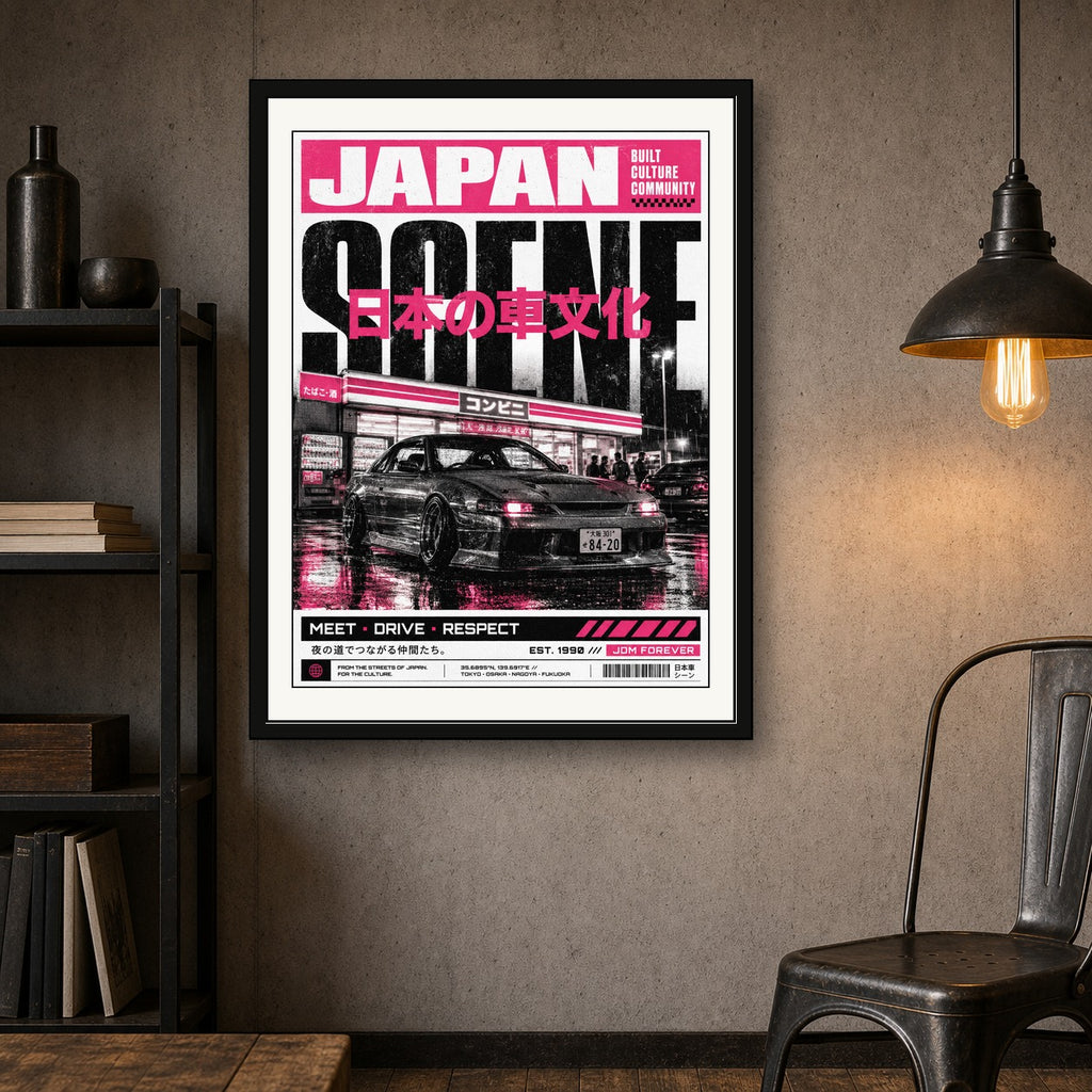 Neon Pink JDM Japan Scene Poster - Urban Japanese Car Culture Wall Art, Street Style Print - corrected 3x4 room mockup