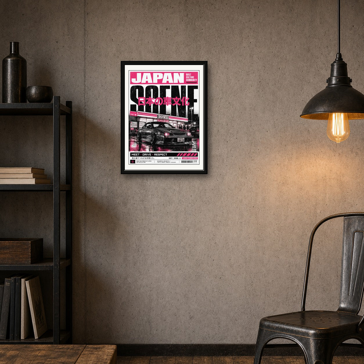 Neon Pink JDM Japan Scene Poster - Urban Japanese Car Culture Wall Art, Street Style Print - corrected 3x4 room mockup