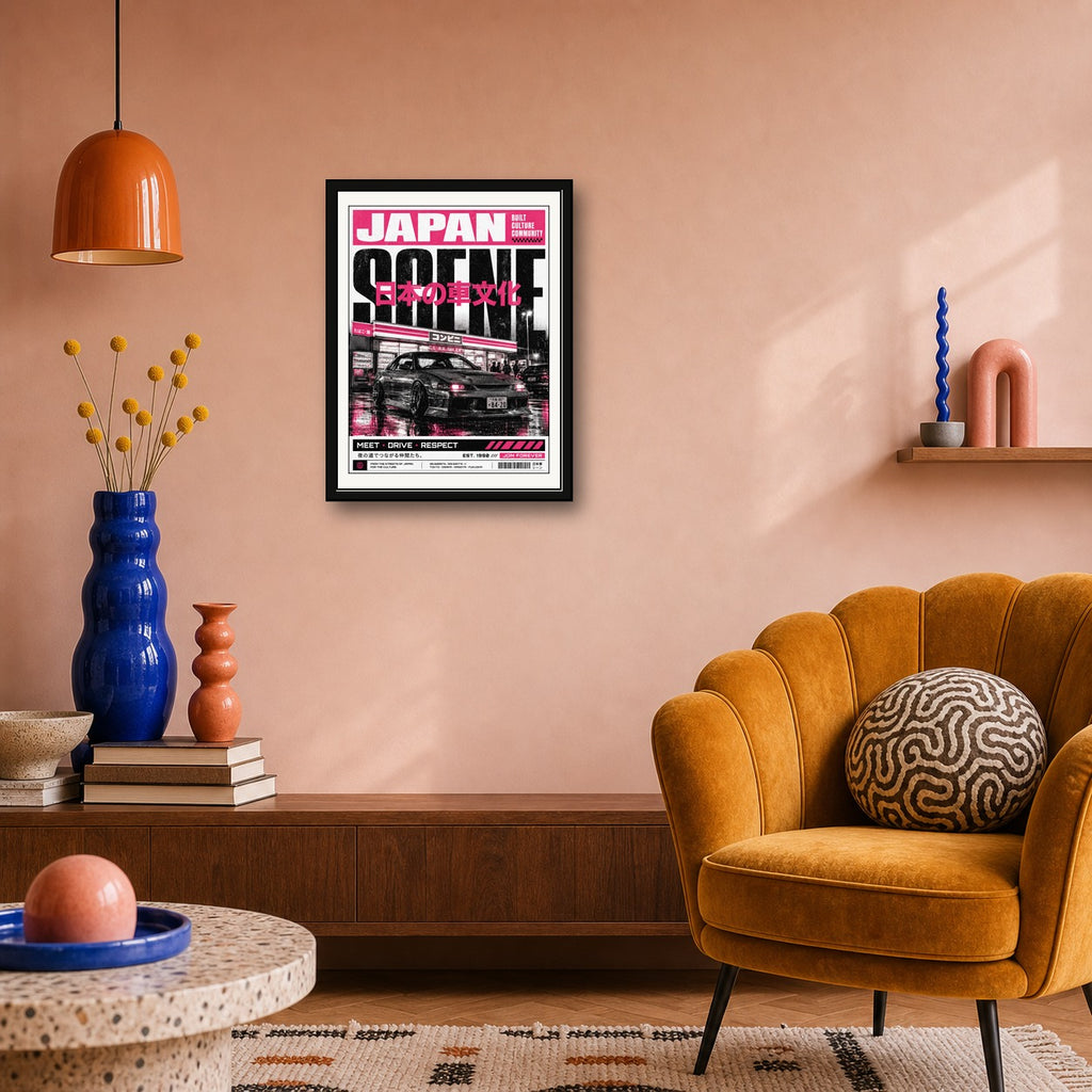 Neon Pink JDM Japan Scene Poster - Urban Japanese Car Culture Wall Art, Street Style Print - corrected 3x4 room mockup