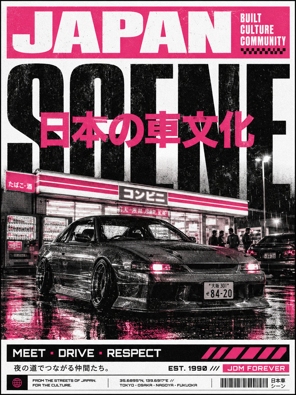 Neon Pink JDM Japan Scene Poster - Urban Japanese Car Culture Wall Art, Street Style Print - corrected 3x4 flat artwork