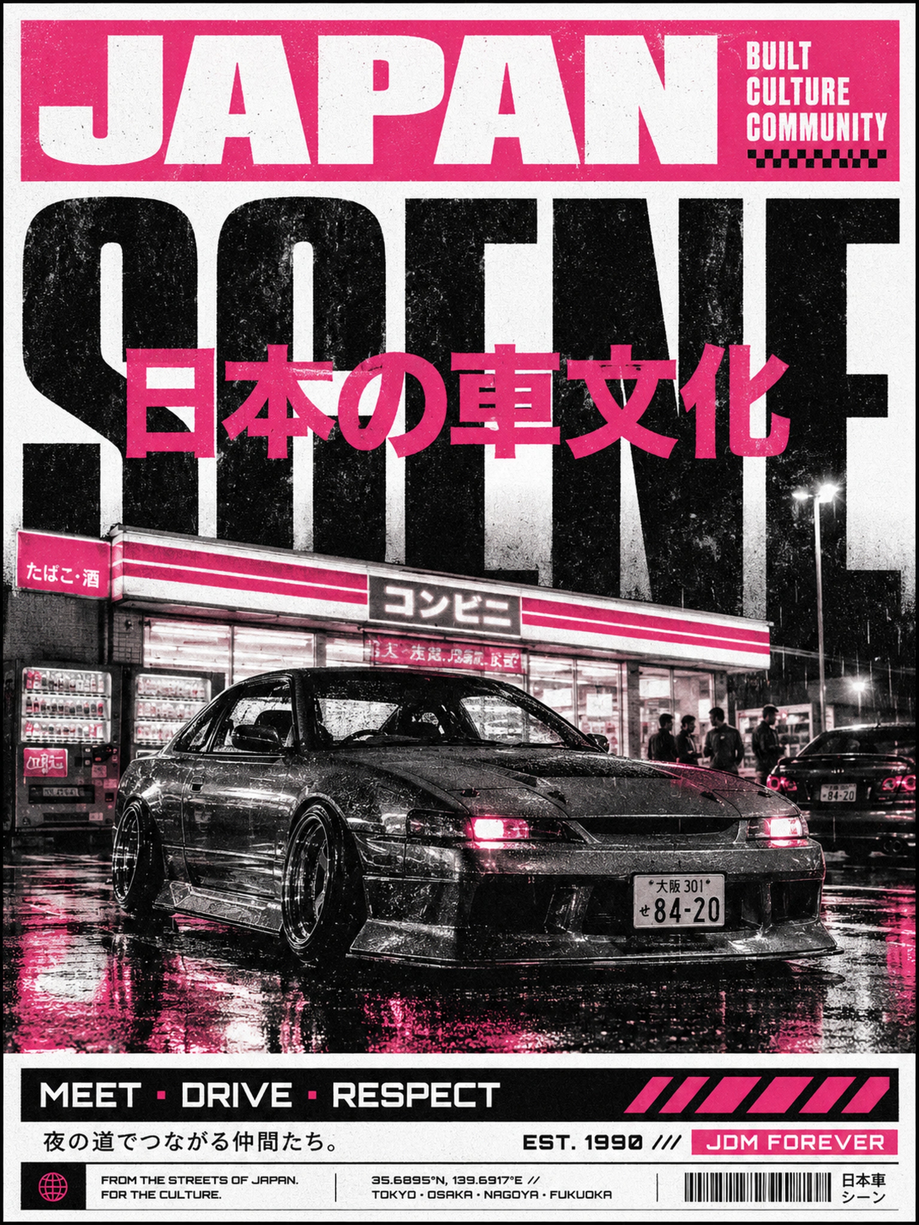 Neon Pink JDM Japan Scene Poster - Urban Japanese Car Culture Wall Art, Street Style Print - corrected 3x4 flat artwork