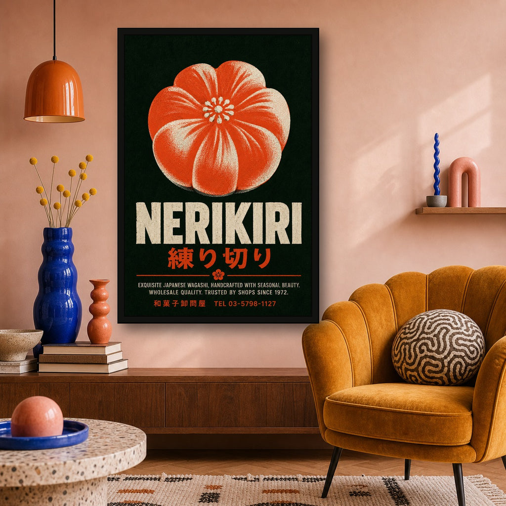 Nerikiri Wagashi Flower Poster, Vibrant Japanese Wall Art for Modern Zen Decor - 2x3 room mockup