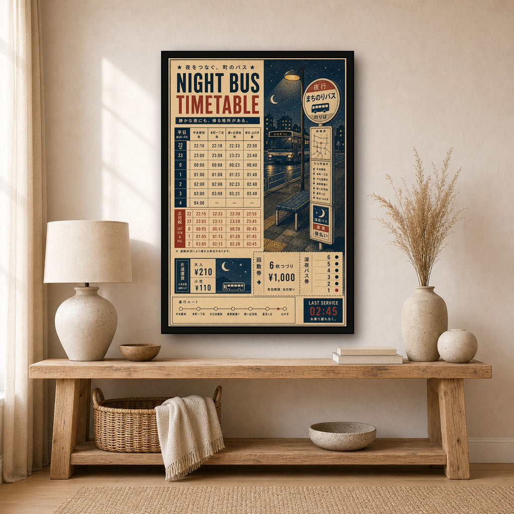 Night Bus Timetable Japanese Retro Poster Print - 2x3 room mockup
