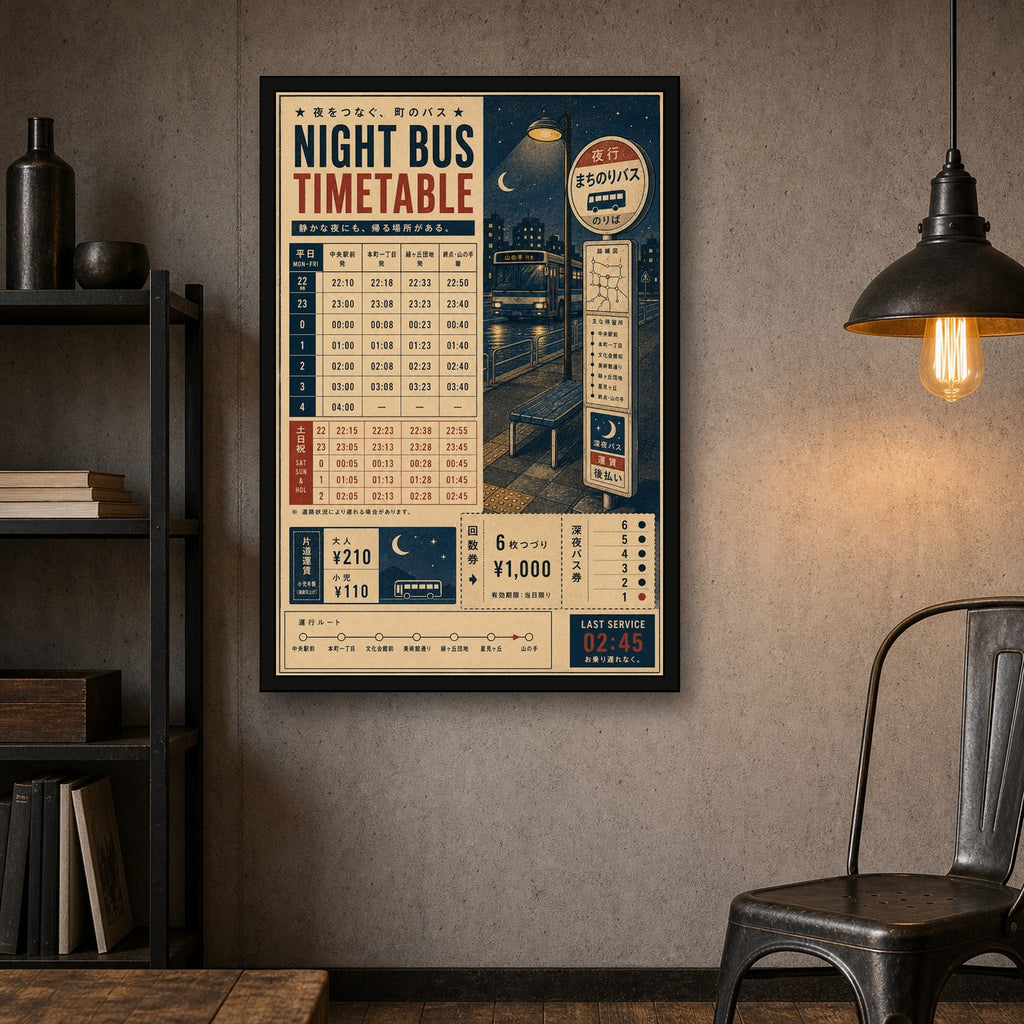 Night Bus Timetable Japanese Retro Poster Print - 2x3 room mockup