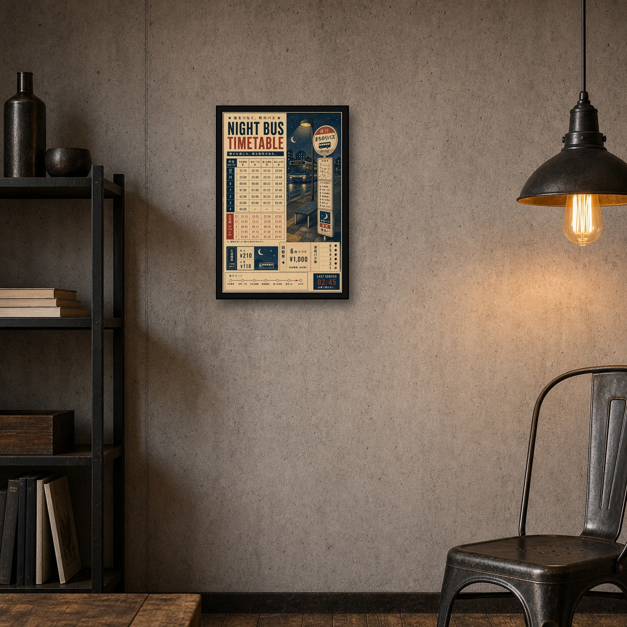 Night Bus Timetable Japanese Retro Poster Print - 2x3 room mockup