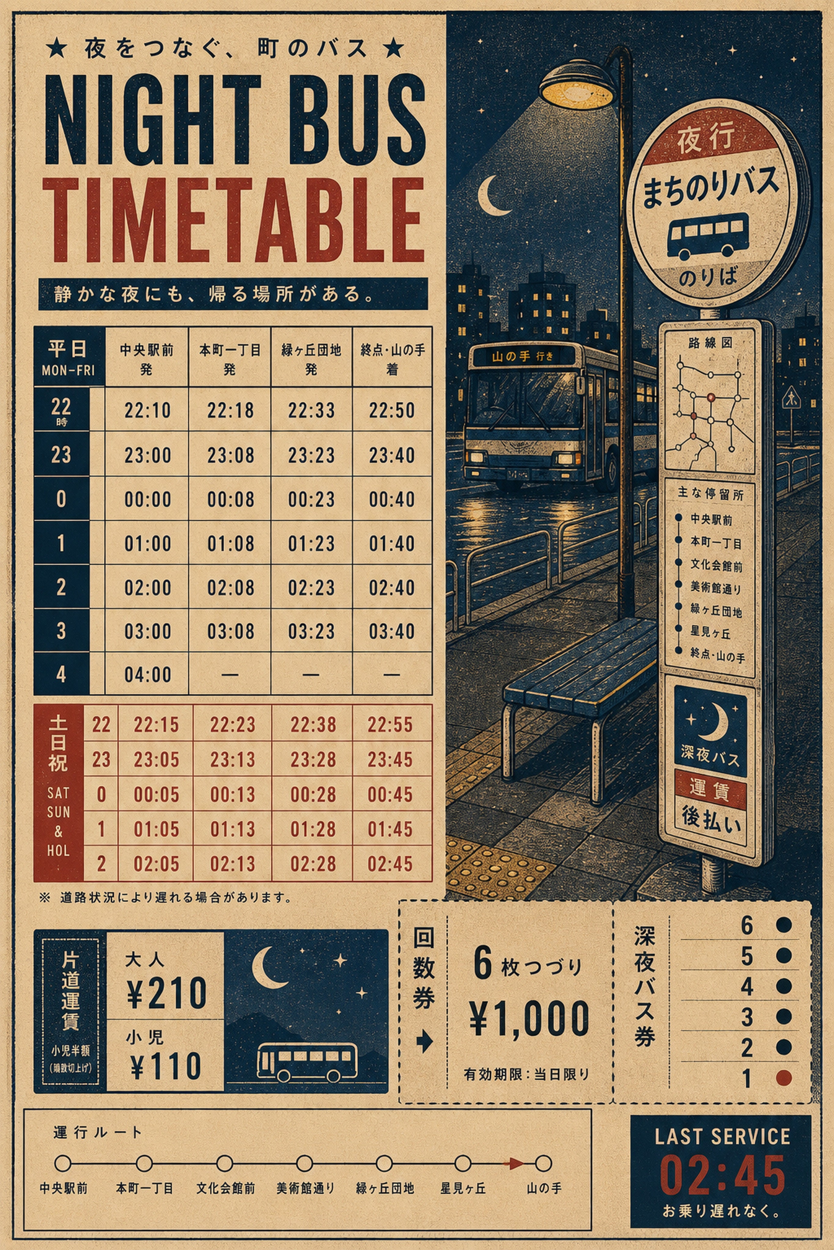 Night Bus Timetable Japanese Retro Poster Print