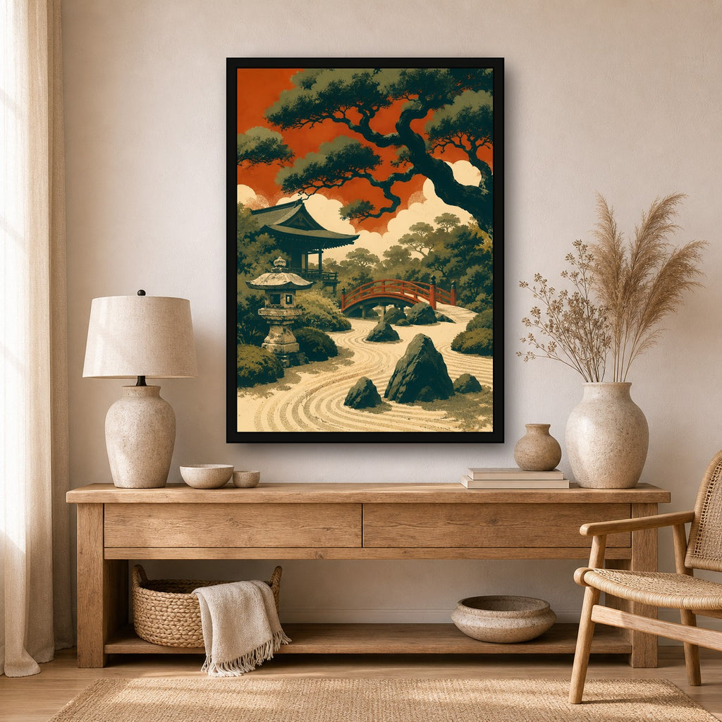 Ocean Temple Sunset Japanese Retro Poster Print - A room mockup