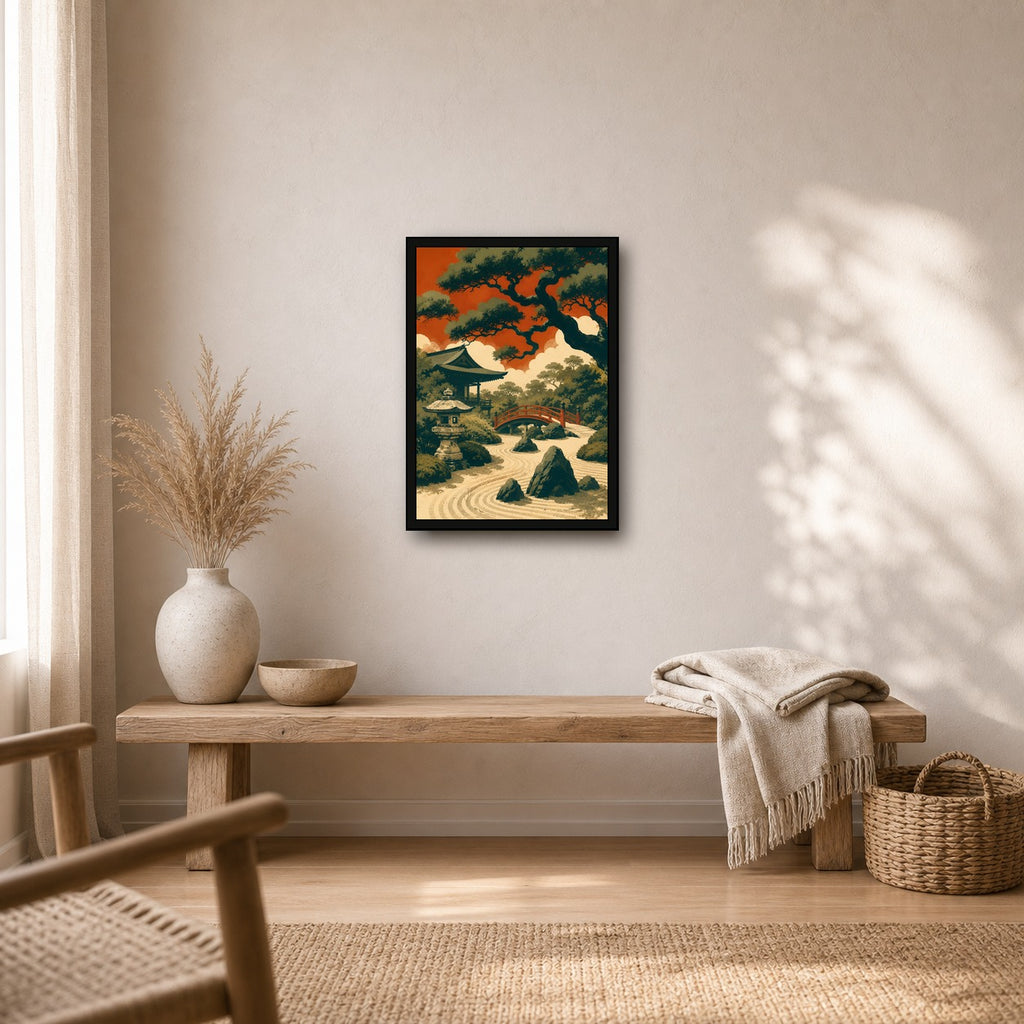 Ocean Temple Sunset Japanese Retro Poster Print - A room mockup